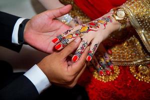 A groom puts the ring on the finger of bride. Indian Wedding. photo