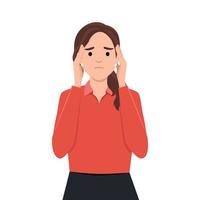 Stressed desperate frustrated young woman or girl covering head with hands. Negative emotions headache or migraine and bad news illustration. vector