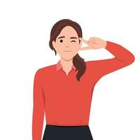Happy girl shows hand gesture, victory sign. Portrait of beautiful young woman vector