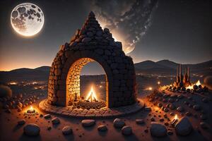 Sardinian nuraghe illuminated by the moon with a fire and a phoenician shaman inside by photo