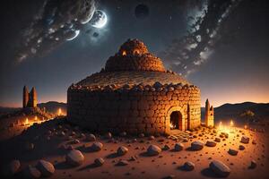 Sardinian nuraghe illuminated by the moon with a fire and a phoenician shaman inside by photo