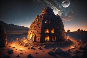 Sardinian nuraghe illuminated by the moon with a fire and a phoenician shaman inside by photo