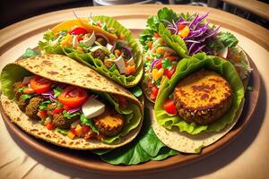 Tortilla wrap with falafel and fresh salad vegan tacos vegetarian healthy food by photo