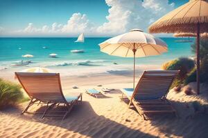 sun loungers and a parasol by the sea by photo