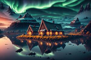 vikingo casas en un vikingo paisaje del Norte luces en el oscuro por ai generado foto