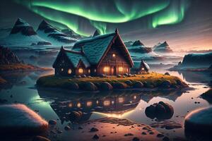 viking houses in a viking landscape northern lights in the dark by photo