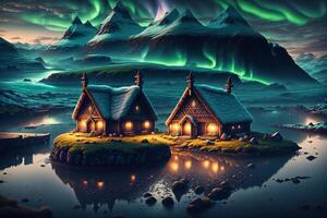 viking houses in a viking landscape northern lights in the dark by photo