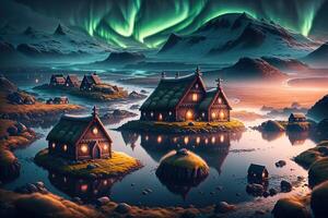 viking houses in a viking landscape northern lights in the dark by photo