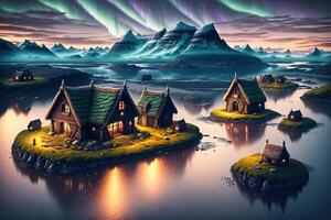 viking houses in a viking landscape northern lights in the dark by photo