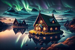 viking houses in a viking landscape northern lights in the dark by photo