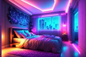 moderno dormitorio interior con neón luces brillante ambiente en el noche lujoso elegante por ai generado foto