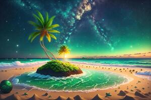 Night sea side coconut tree green lawnbeach star galaxy by photo