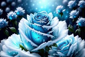 One frozen blue rose with ice crystals by photo