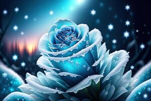 One frozen blue rose with ice crystals by photo