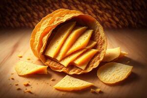 Potato chips with cheddar rustic background by photo