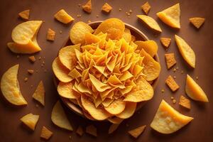 patata papas fritas con queso Cheddar rústico antecedentes por ai generado foto