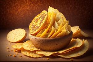 Potato chips with cheddar rustic background by photo