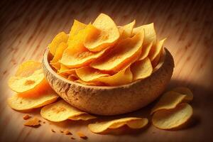 Potato chips with cheddar rustic background by photo