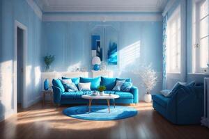 bonito azul habitación interior por ai generado foto