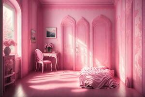bonito rosado habitación interior por ai generado foto