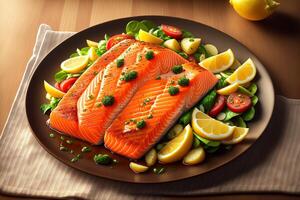 fresh cooked delicious salmon steak with salad lemon potato by photo