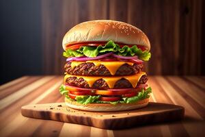 Fresh tasty homemade burger on wooden table by photo