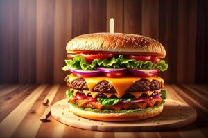 Fresh tasty homemade burger on wooden table by photo