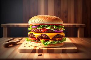 Fresh tasty homemade burger on wooden table by photo