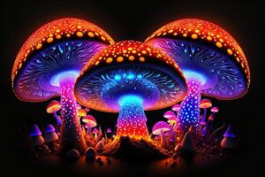 Glowing magic mushroom on black background by photo