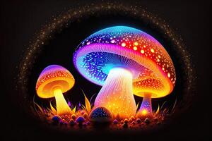 Glowing magic mushroom on black background by photo