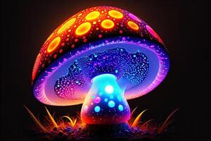 Glowing magic mushroom on black background by photo