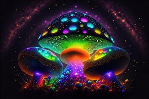 Glowing magic mushroom on black background by photo