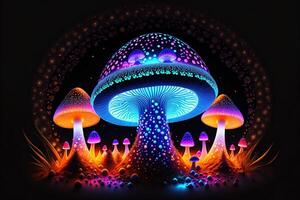 Glowing magic mushroom on black background by photo