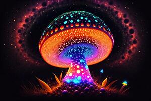 Glowing magic mushroom on black background by photo