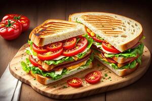 Grilled and sandwich with bacon fried egg tomato and lettuce served on wooden cutting board by photo