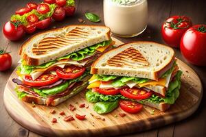 Grilled and sandwich with bacon fried egg tomato and lettuce served on wooden cutting board by photo