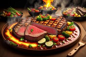 Grilled beef steak with vegetable on the flaming grill by photo