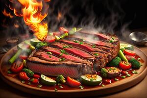 Grilled beef steak with vegetable on the flaming grill by photo