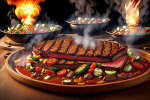 Grilled beef steak with vegetable on the flaming grill by photo