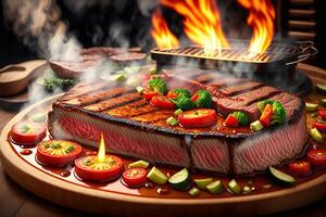 Grilled beef steak with vegetable on the flaming grill by photo