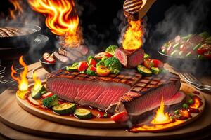 Grilled beef steak with vegetable on the flaming grill by photo
