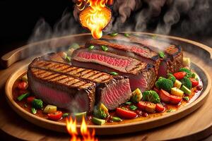 Grilled beef steak with vegetable on the flaming grill by photo