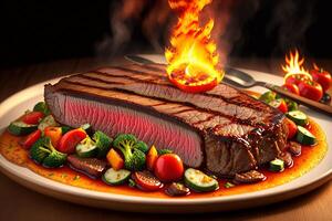 Grilled beef steak with vegetable on the flaming grill by photo