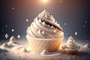 chocolate vainilla hielo crema cono anuncios con hielo cubitos y copos de nieve por ai generado foto