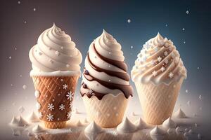 Chocolate vanilla ice cream cone ads with ice cubes and snowflakes by photo