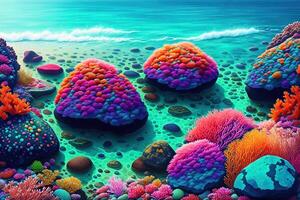 Colorful sea background with rocky bottom boulders algae and corals by photo