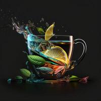 cup of tea splashing splashing mint leaves by photo