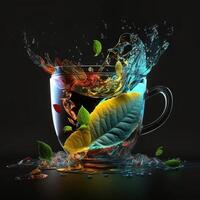 cup of tea splashing splashing mint leaves by photo