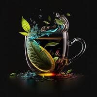 taza de té salpicaduras salpicaduras menta hojas por ai generado foto