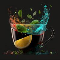 cup of tea splashing splashing mint leaves by photo